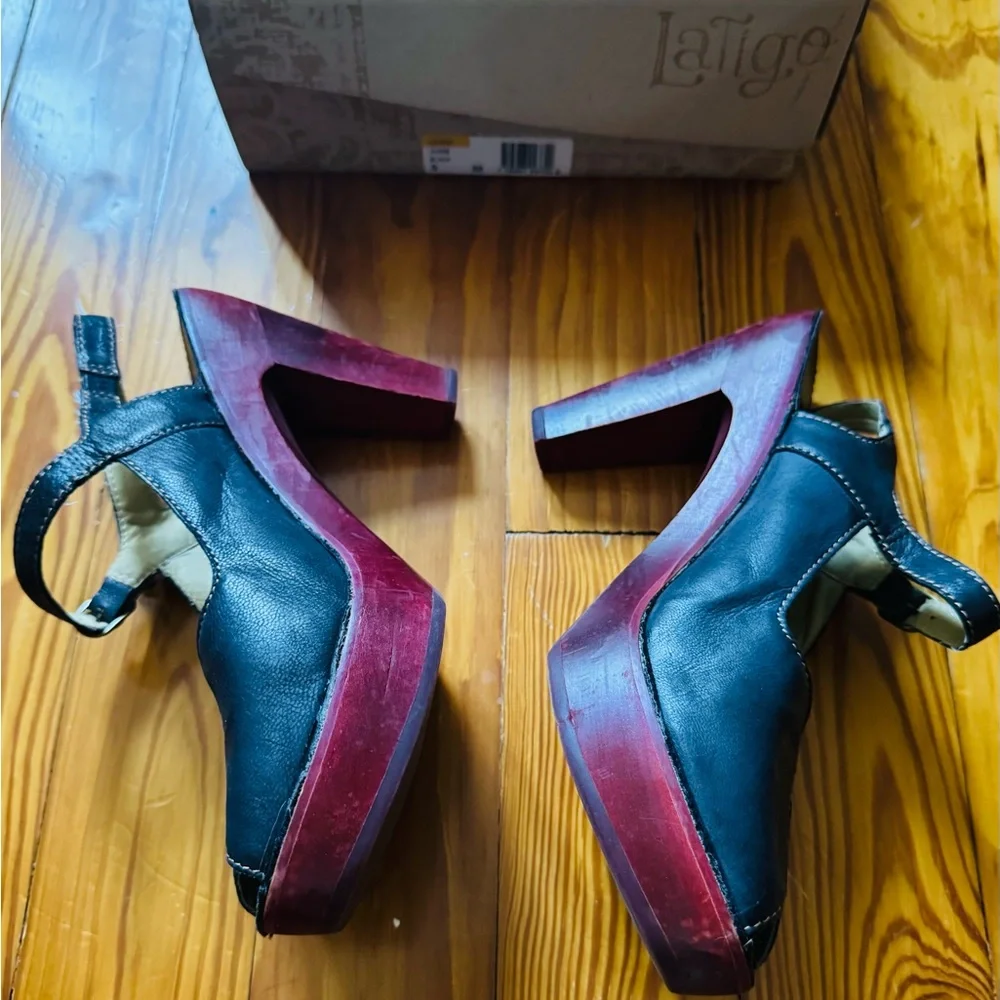 Latigo for Anthropologie Women's Black platform heels with oxblood sole size 9 - Picture 3 of 5